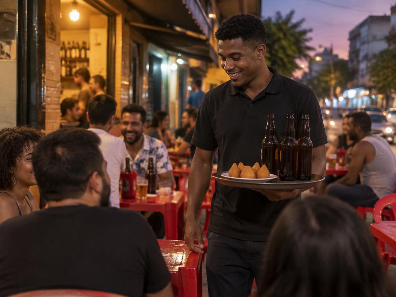 Garçom levando bandeja com petiscos em boteco de calçada