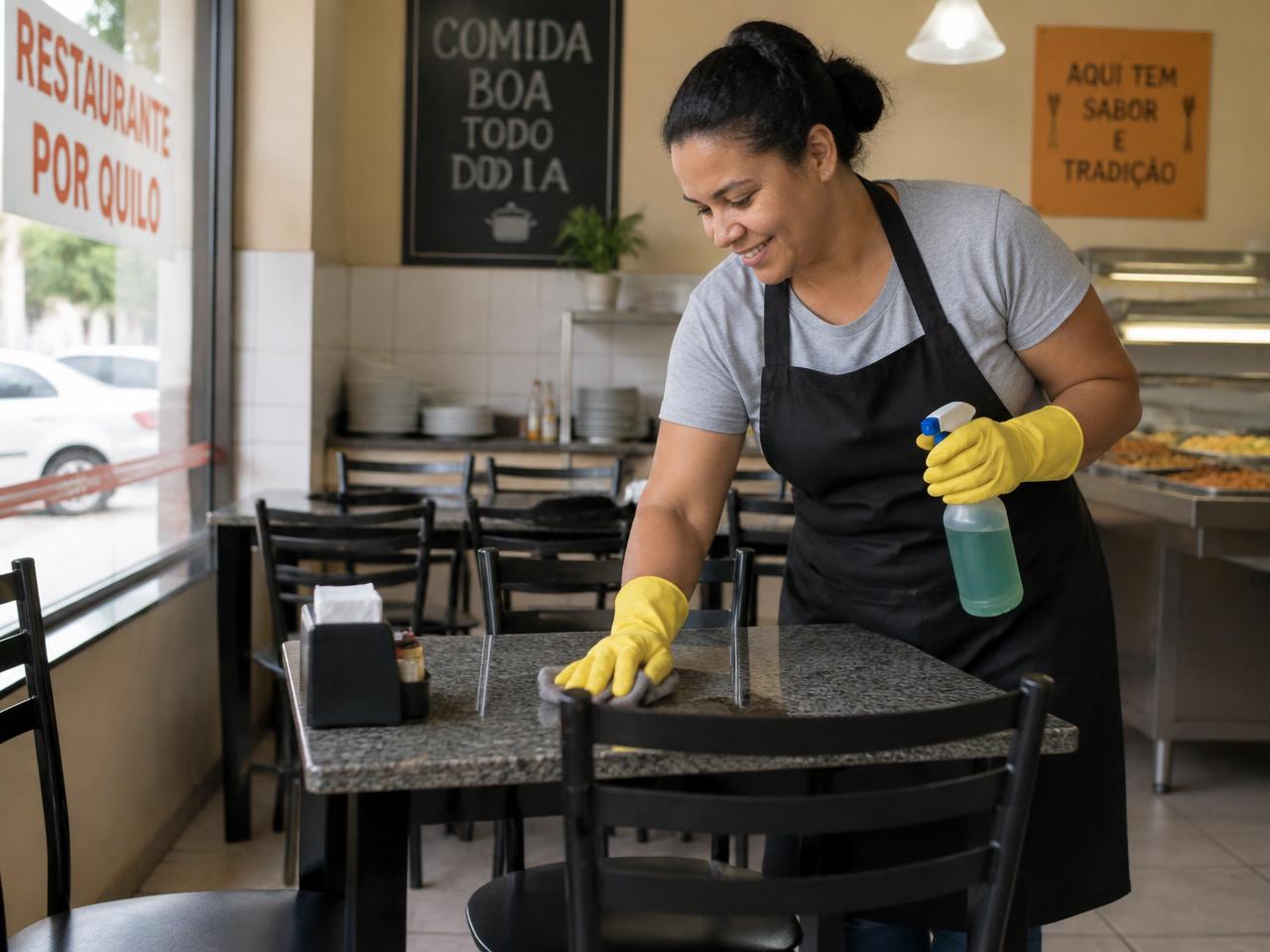 Auxiliar de limpeza limpando mesa em restaurante por quilo